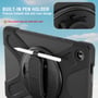 Bagsiden af 4smarts Rugged Case Grip viser håndrem, kamerahul og plads til en pen på Samsung-tabletten.