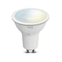 WiZ GU10 Tunable White LED pære med hvid plastkabinet og tydeligt synlig GU10 fatning på hvid baggrund.