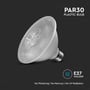 V-TAC 11W LED pære PAR30 med E27 fatning, beskrevet som en plasticpære uden kviksølv.