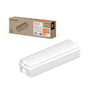 Ledvance Bulkhead Compact nødarmatur, hvid, hvidt polykarbonathus og emballage. Synlig information om IP65, IK10 og kelvin valgmuligheder.
