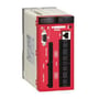 Schneider Electric XPSMC32Z sikkerhedskontroller, vist med fokus på frontpanlets porte og tilslutningsmuligheder.