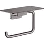 Hansgrohe toiletpapirholder med hylde i børstet sort krom metal, designet til vægmontering med skjult fastgørelse.