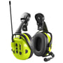 Hellberg Safety Local 2 hjelmmonteret høreværn med kommunikationsradio og bommikrofon, fremstillet i neon-grøn plast.