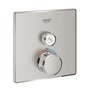 Grohe Grohtherm SmartControl termostatbatteri i børstet stål med et firkantet design og 158mm dimensioner, med tryk for on/off og drejeknap til temperaturstyring.