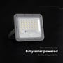V-Tac LED-solcelleprojektør med synlige LED-dioder og PIR-sensor, vist med tekst om soldrift.