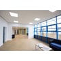 Ansell Lighting Pace Panel 600x600 mm hvid, monteret i et moderne loft med et stort vinduesparti og lys trægulv.