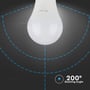 V-TAC LED-pæren set forfra med en grafisk markering af dens lysvinkel på 200 grader.