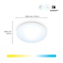 WiZ ultratynd rund plafond i hvid, med angivelse af diameter 24.2 cm, der viser justerbar lysfarve fra gul til blå.