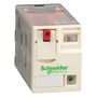 Schneider Electric Zelio RXM stikbensrelæ i creme farve med 4 C/O kontakter, fremviser testknap, LED-indikator og tydelig Schneider Electric logo.