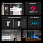 Infografik om Sonoff SenseGuard DW Gen2 med Zigbee-logo, appnotifikation, monteringsmuligheder og sikkerhedsfunktioner.