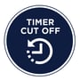 Rundt ikon for Vartas 'Timer Cut Off' funktion, der viser et ur med pil, hvilket indikerer automatisk slukning.