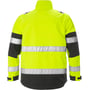 Nærbillede af bagsiden af Kansas Fristads Hi-Vis softshell jakke i gul og sort, str. S, med fokus på reflekterende detaljer.