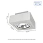 Målskitse af hvid, firkantet Mirora AR111 overfladespot, der viser dimensioner 145x145x85mm og GU10 specifikation.