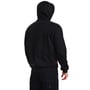 Model iført sort Engel Extend sweatcardigan i størrelse L set bagfra med hætten oppe.
