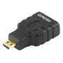 Deltaco sort HDMI-adapter set fra modsatte vinkel, hvor mikro-HDMI-stikket og mærkningen på huset ses.