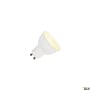 SLV QPAR51 GU10 smart LED-spot med hvid krop, set skråt forfra med varmt, gulligt lys i fronten.