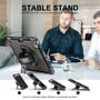 Mænd diskuterer foran en iPad Pro 11" monteret i et 4smarts cover med 'Stable Stand' funktion, vist i fire forskellige vinkler.