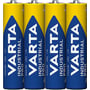 Fire Varta Industrial AAA Pro alkaline batterier med 1,5V og LR03-mærkning står side om side med blå og gul emballage.