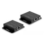 DeLock HDMI-extendersættets sender og modtager set skråt fra siden med netværks- og IR-tilslutninger synlige.