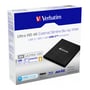 Emballagen til Verbatim Slimline Blu-ray-brænder med Ultra HD 4K, USB-C og medfølgende Blu-ray MDISC.