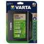 Varta LCD Universal Charger+ batterilader viser opladning af AA, AAA, C, D og 9V batterier samt USB-udgang og sikkerhedsfunktioner på emballagen.