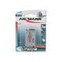Ansmann 9V lithium batteri i E-blok format, egnet til røgdetektorer, vist i blisterpakke med temperaturinterval fra -40°C til +60°C.