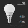 V-TAC P45 LED pære viser 85% energibesparelse og E14 holder, fri for kviksølv og UV-stråling.