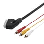 Deltaco SCART til composite-kabel ligger diagonalt med SCART-stik med kontakt og tre RCA-stik i rød, gul og hvid.