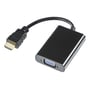 Deltaco HDMI til VGA-adapter set tæt på med HDMI-stik og blå VGA-port tydeligt synlige.