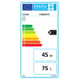 Eldom varmtvandsbeholder energimærke B, viser 45 W og 75 liters volumen på en blå baggrund.