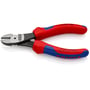 Knipex sidebidetang 7402-140 med tofarvede håndtag i rød og blå, lavet af krom-vanadium stål.
