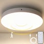 LED-loftslampen med sensor ses nedefra med fjernbetjening og USB-kabel samt en illustration af bevægelsesregistrering.