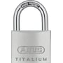 Tættere visning af Abus TITALIUM hængelås 64TI/40, fremhæver NANO PROTECT-teksten på den forkromede bøjle og ABUS-logoet.