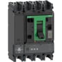 Schneider Electric ComPacT NSX400HB1 maksafbryder, 4-polet, 400A, med grønt håndtag og tydelige terminaler, set fra siden på hvid baggrund.