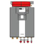 Danfoss Akva Lux II VXe unit til Roskilde Forsyning med en ydelse på 12kW varme og 32kW brugsvand. Unit'en er grå, væghængt og har en rød isoleringskappe øverst.