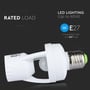 V-TAC E27 infrarød sensor pære med fokus på LED-belysning op til 60W og kompatibilitet med E27 pærer, vist på mørk baggrund.
