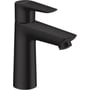Hansgrohe TalisE110 håndvaskarmatur i mat sort med CoolStart, ComfortZone og AirPower teknologi på hvid baggrund.