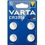 Varta CR2016 lithium knapcellebatterier, fire stk. i klar blisterpakning med blå baggrund og Varta logo.