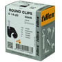 Tillex Round Clips C 14-20, sort, 100 stk. Pakken viser dimensioner, referencenummer og produktillustrationer af clips.
