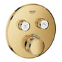 Grohe Grohtherm SmartControl termostat i poleret messing, rund front med to trykknapper og temperaturregulator.