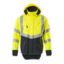 Detaljebillede af Mascot Harlow skaljakke i gul/marineblå, fremhæver designet med refleksdetaljer og hætte.