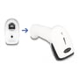 Delock barcode scanneren ved siden af sin bagside, der viser USB-porten, med en pil, der indikerer samling.