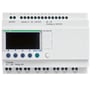 Komplet frontvisning af Schneider Electric Zelio Logic SR2 programmerbar controller med tydeligt LCD-display, knapper og 20 I/O-terminaler med skrue-tilslutning.