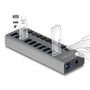 Tegning viser Delock USB-hubben med 10 porte og individuelle afbrydere, der betjenes med en finger.