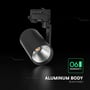 Sort V-TAC 35 W LED-skinnespot med aluminiumshus og Cree-chip, vist med tekst om sort finish.