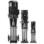 Tre Grundfos CRN centrifugalpumper af forskellig størrelse side om side, viser størrelsesvariationer og design i rustfrit stål.