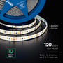 Detalje af V-TAC LED-lysbånd, der viser 8mm PCB-bredde, 120 LED per meter og 10 meter rulle.