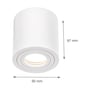 Målskitse af den runde, hvide SpectrumLED CHLOE GU10 lampe med højde på 97 mm og diameter på 90 mm.