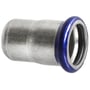 Unico slutmuffe i rustfri/syrefast materiale til 108 mm rør med blå EPDM O-ring, vist på hvid baggrund.