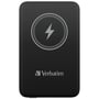 Forsiden af den sorte Verbatim Charge´n´Go Magnetic Wireless Power Bank med MagSafe-kompatibel trådløs opladningssymbol og Verbatim logo.